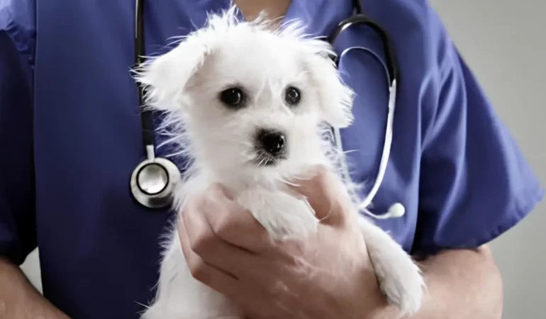um cachorro filhote em um veterinário fazendo a prevenção de doenças.