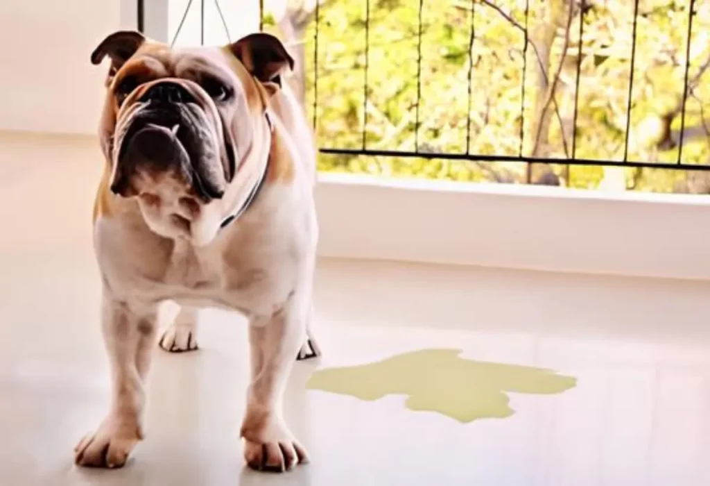 Um cachorro com incontinência urinária.