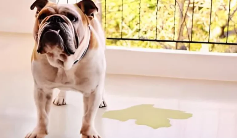 Um cachorro com incontinência urinária.