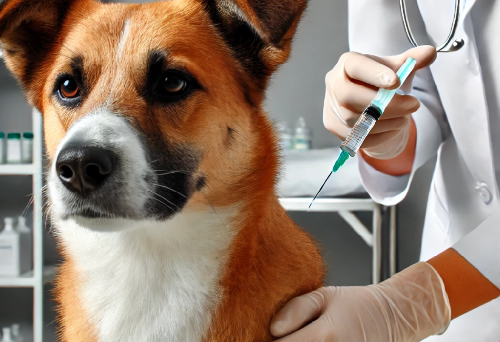 um cachorro recebendo uma injeção de amoxicilina.