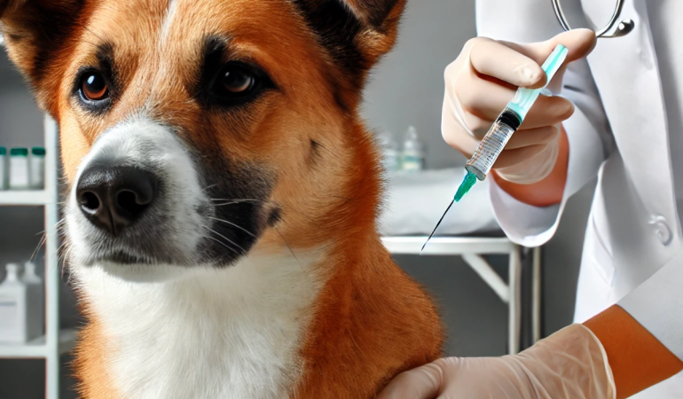 um cachorro recebendo uma injeção de amoxicilina.