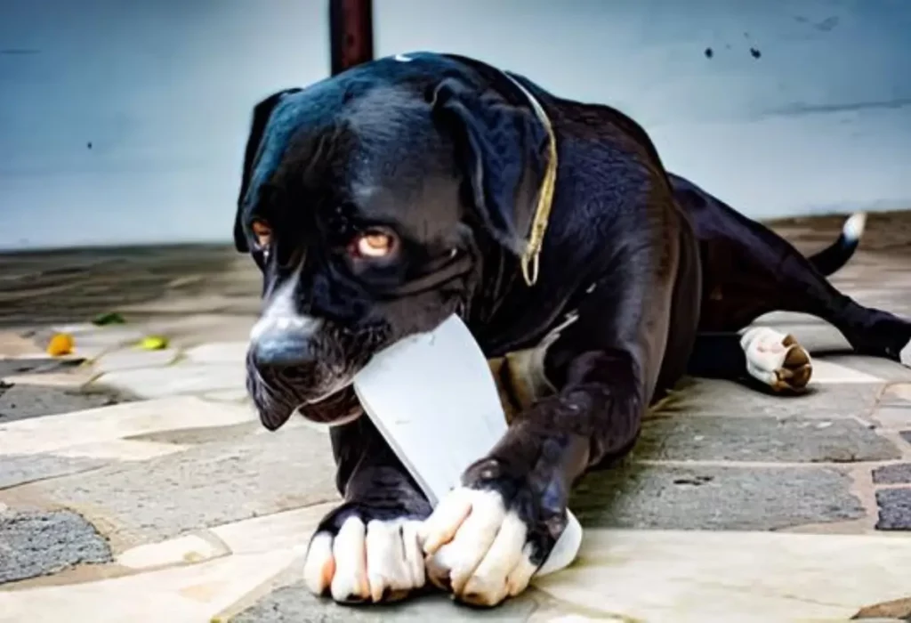um cachorro com um objeto estranho em sua boca.
