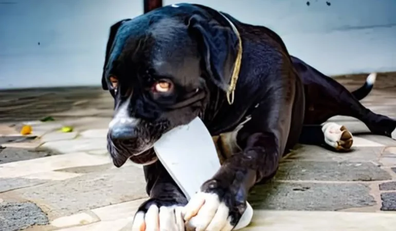 um cachorro mastigando um objeto estranho.