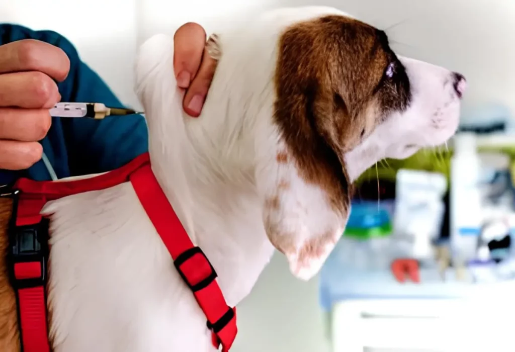 um cachorro tomando injeção.