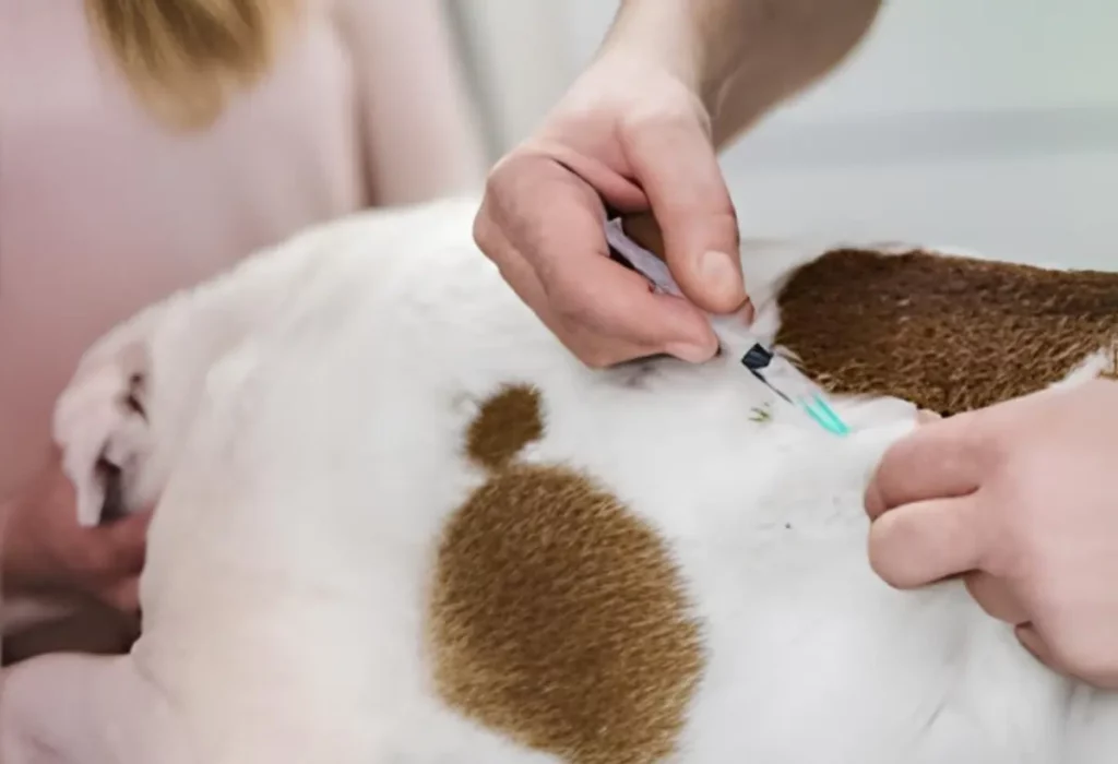 um cachorro levando uma vacina.