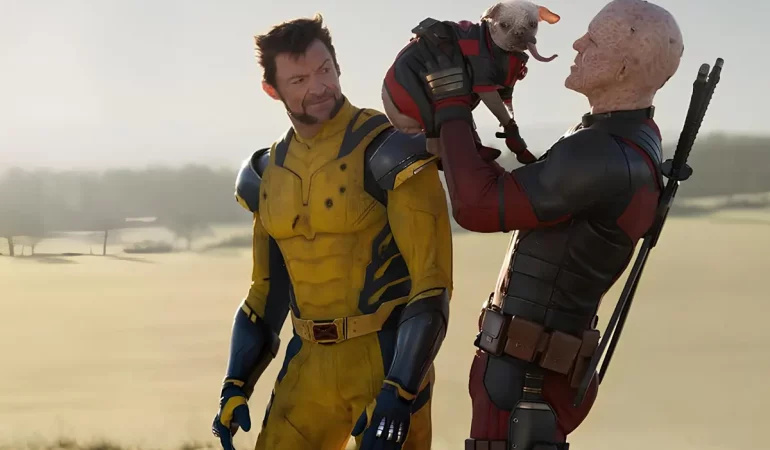 Wolverine (Hugh Jackman) e Deadpool (Ryan Reynolds) com Dogpool (Peggy)
