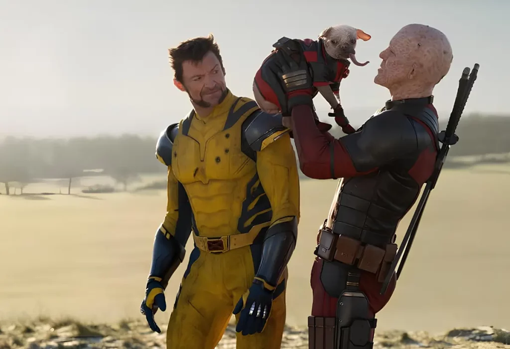 Wolverine (Hugh Jackman) e Deadpool (Ryan Reynolds) com Dogpool (Peggy).