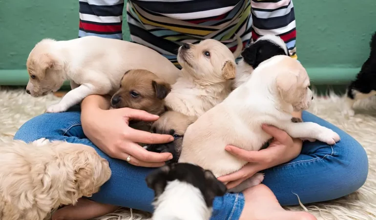 cachorros filhotes fazendo socialização com pessoas.