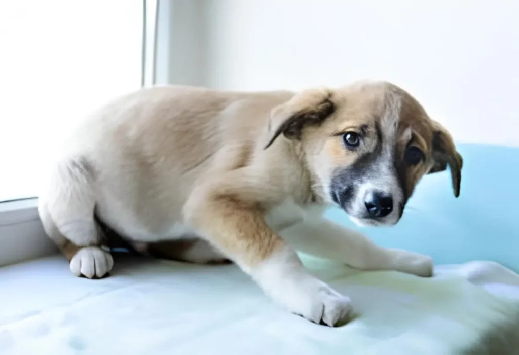 Um cachorro filhote que foi medicado com tramadol.