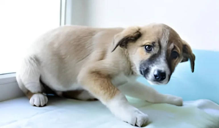 Um cachorro filhote que foi medicado com tramadol.