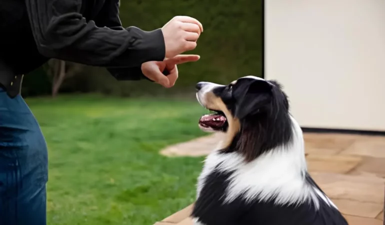 um cachorro sendo treinado com muita paciência e amor.