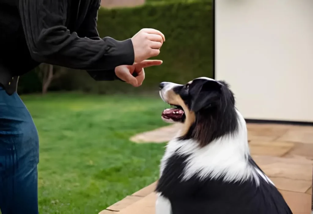 um cachorro sendo treinado com muita paciência e amor.