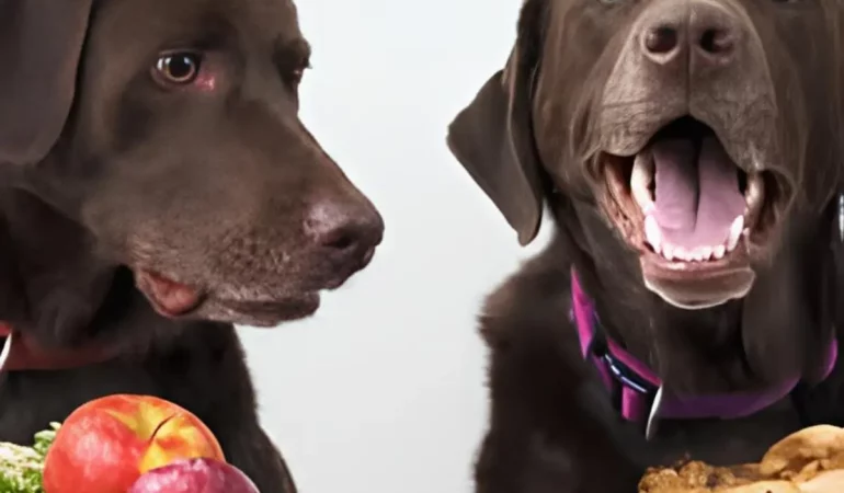 Dois cachorros comendo carne e outro frutas.