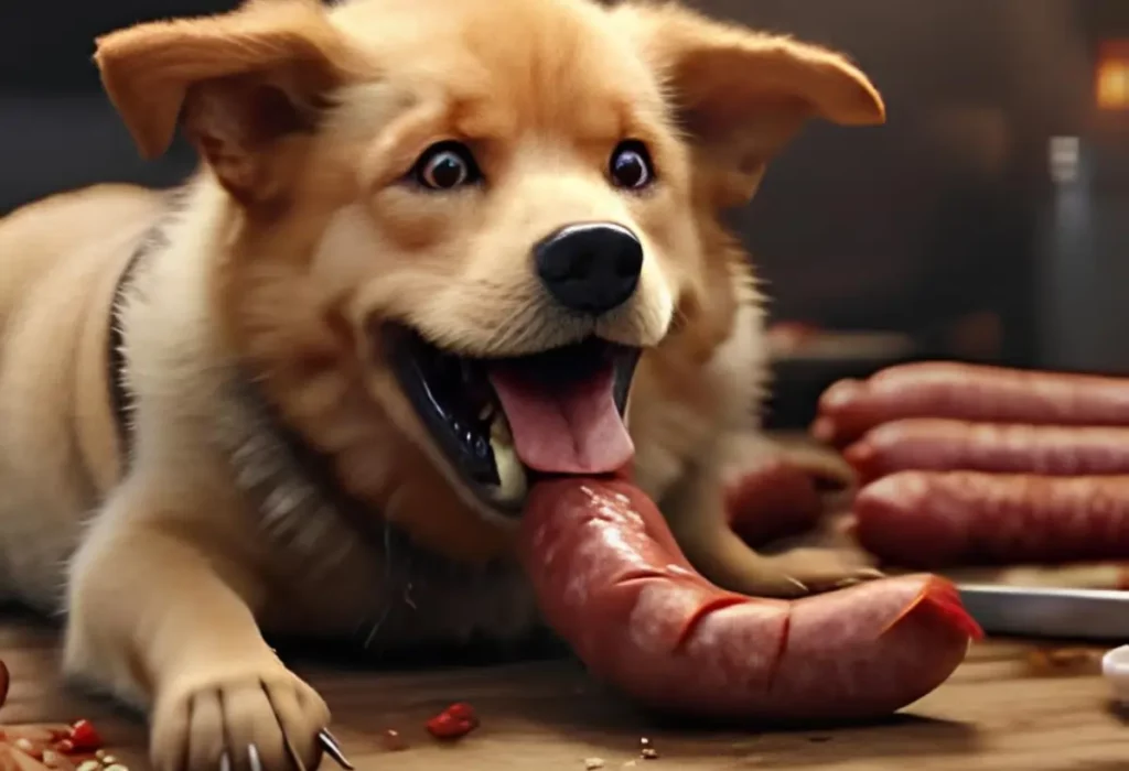 um cachorro comendo uma linguiça.