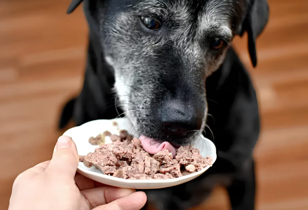 um cachorro comendo uma mistura de comida com ração.