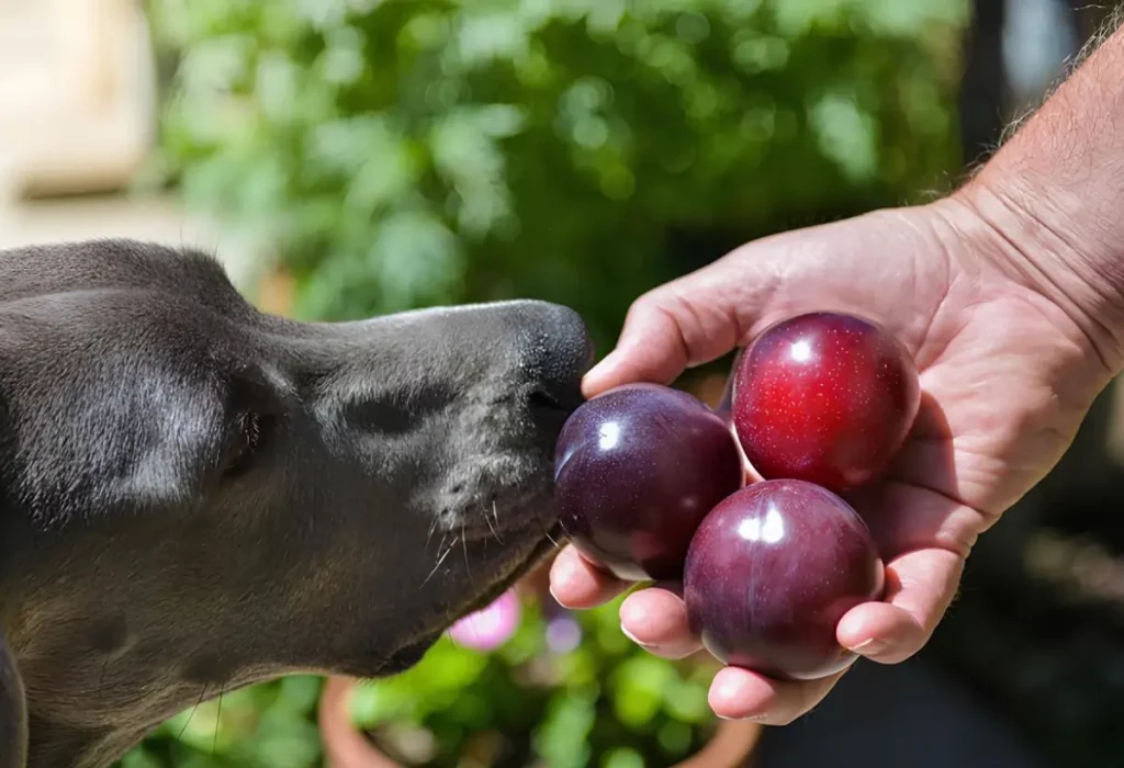 cachorro comendo ameixa.
