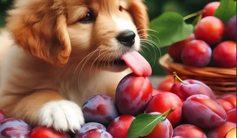 Um cachorro filhote lambendo ameixas.