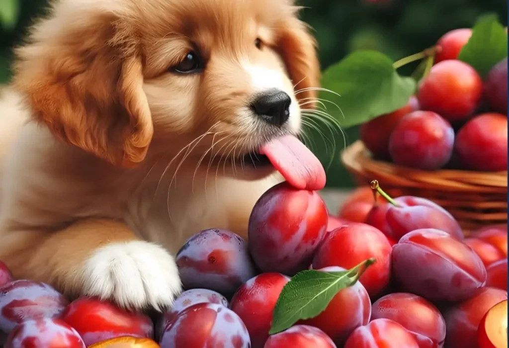 Uma cachorro filhote lambendo ameixas.