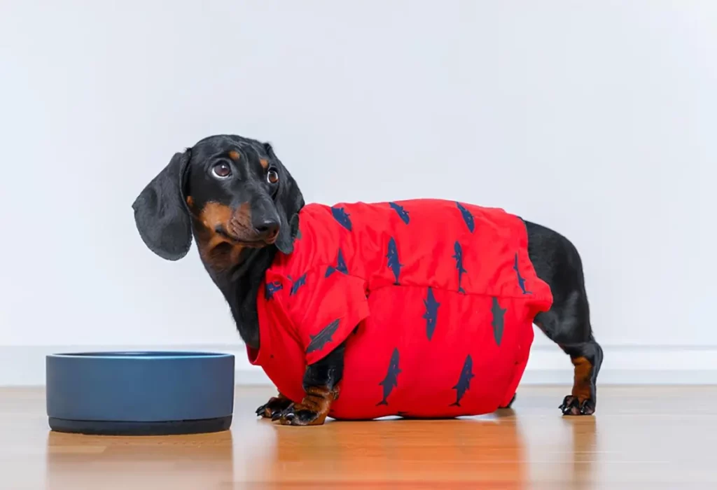 um cachorro castrado comendo ração.