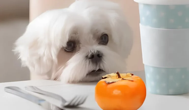 Um cachorro apreciando um caqui sobre a mesa.