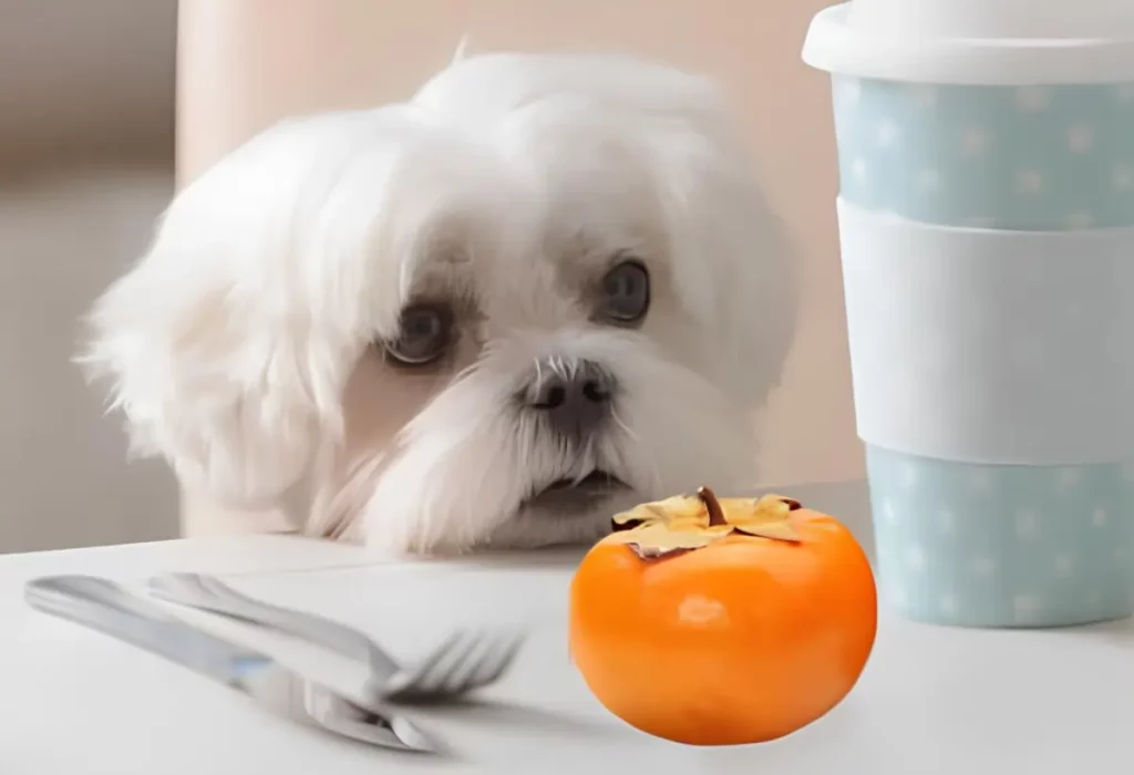 Um cachorro apreciando um caqui sobre a mesa.