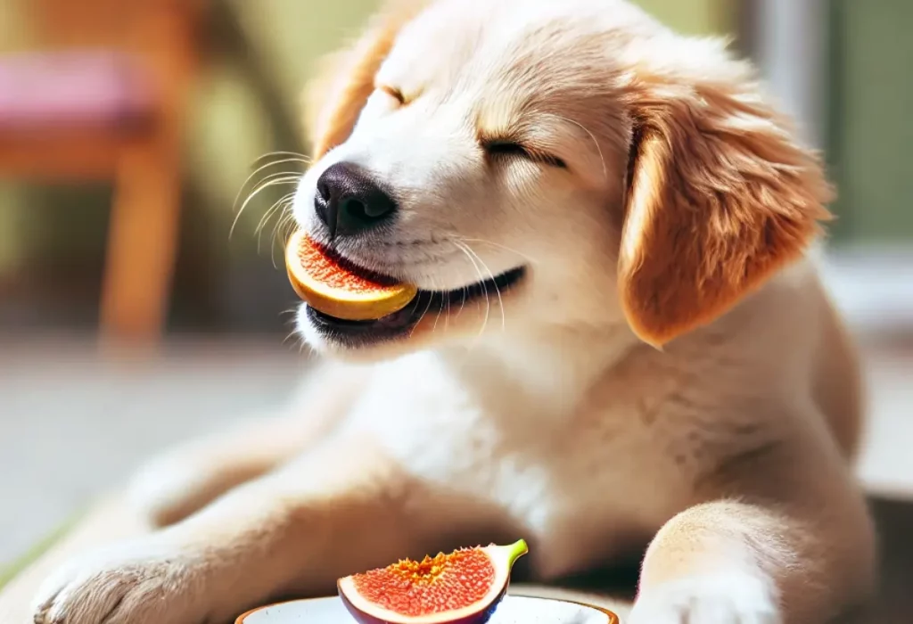 Um cachorro comendo figo.