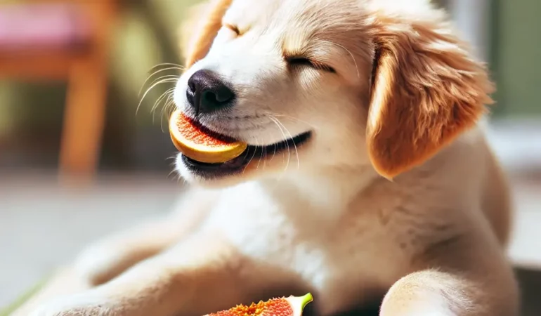 Um cachorro comendo figo.