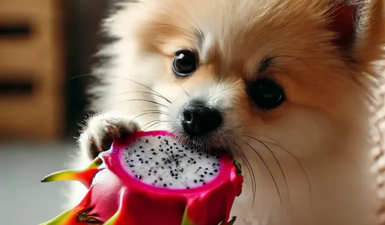 Um cachorro da raça Lulu da Pomerânia comendo Pitaya.
