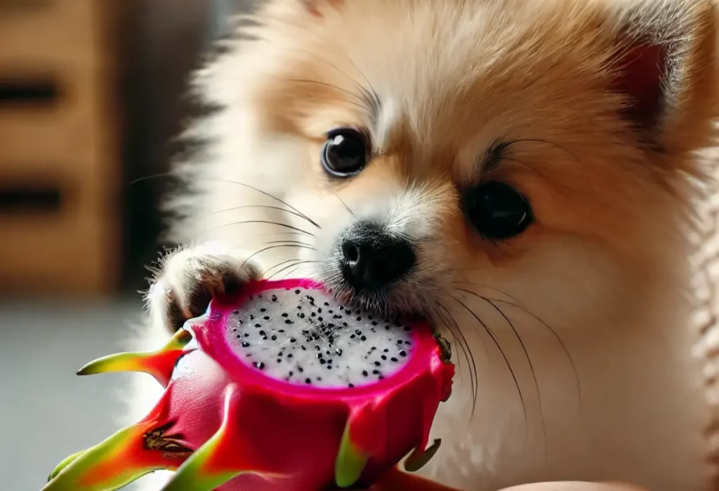 Um cachorro da raça Lulu da Pomerânia comendo pitaya.