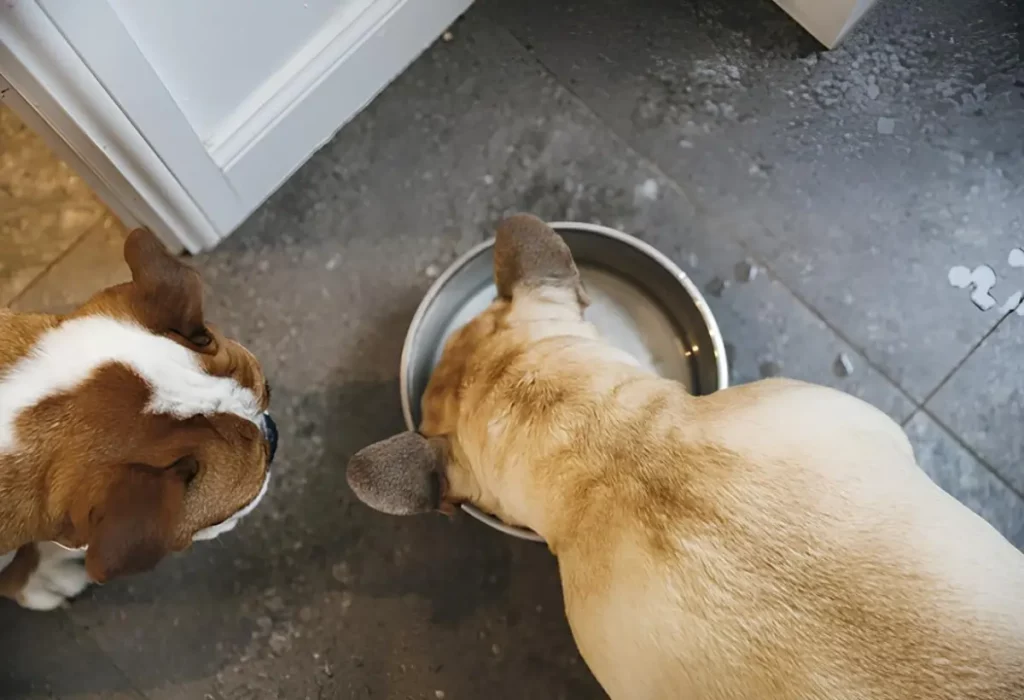 Dois cachorros comendo ração úmida.