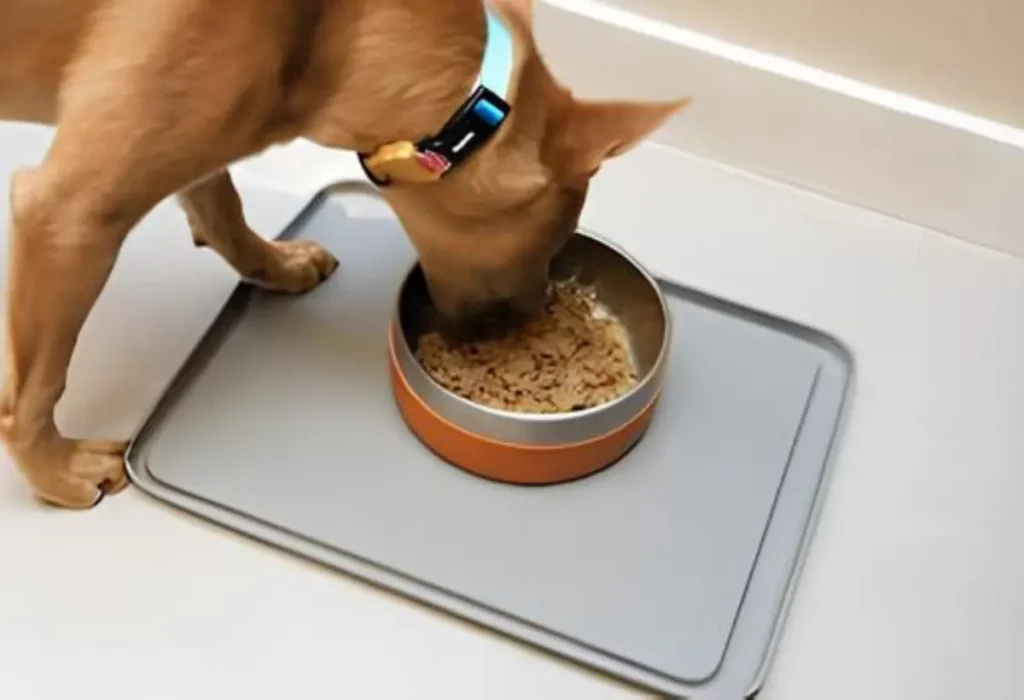 Um cachorro comendo ração úmida.