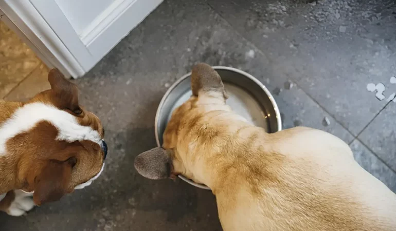 Dois cachorros comendo ração úmida.