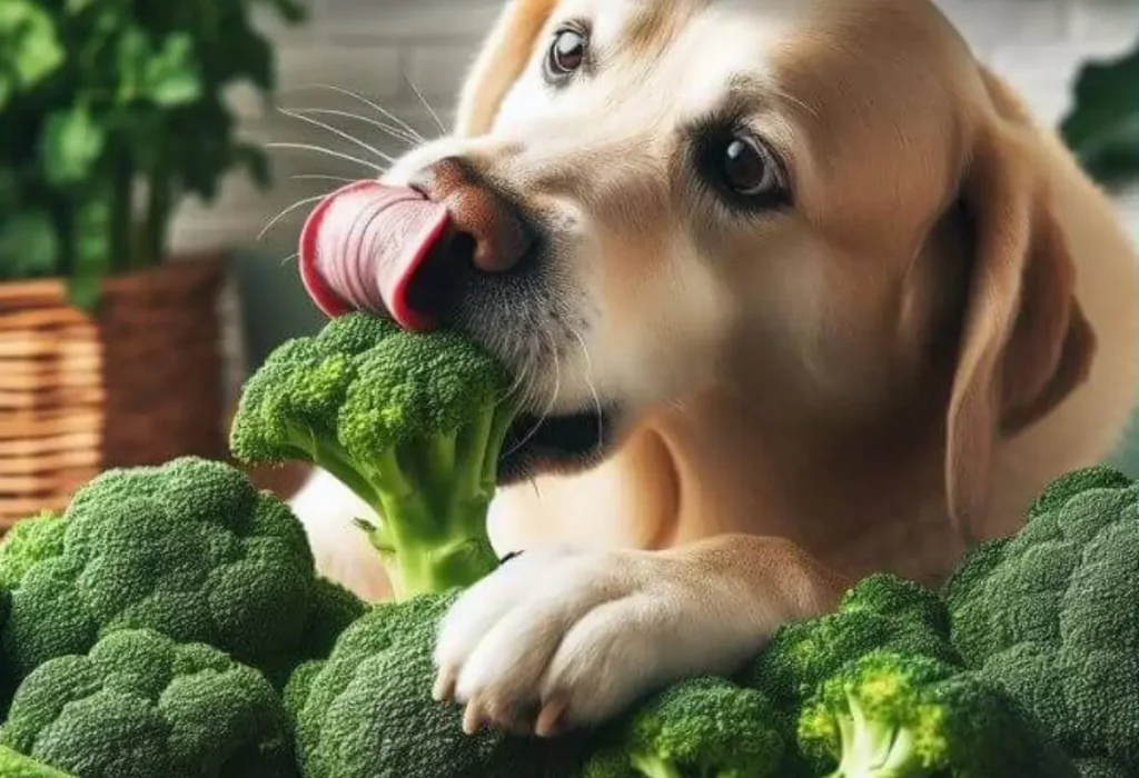 Um cachorro comendo brócolis.