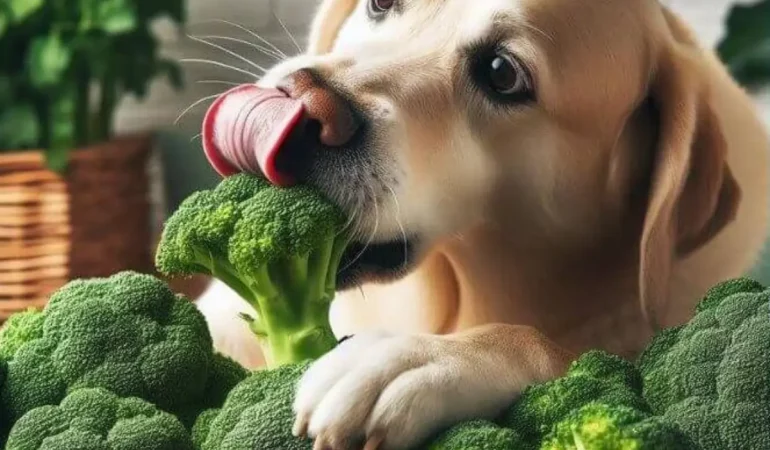 Cachorro comendo brócolis.