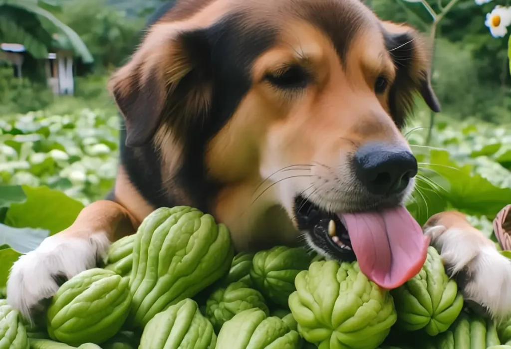 Cachorro comendo chuchu.