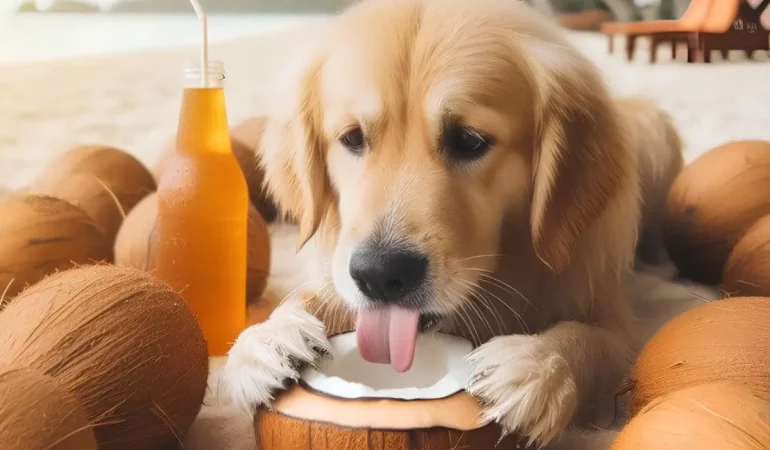 Um cachorro lambendo coco.