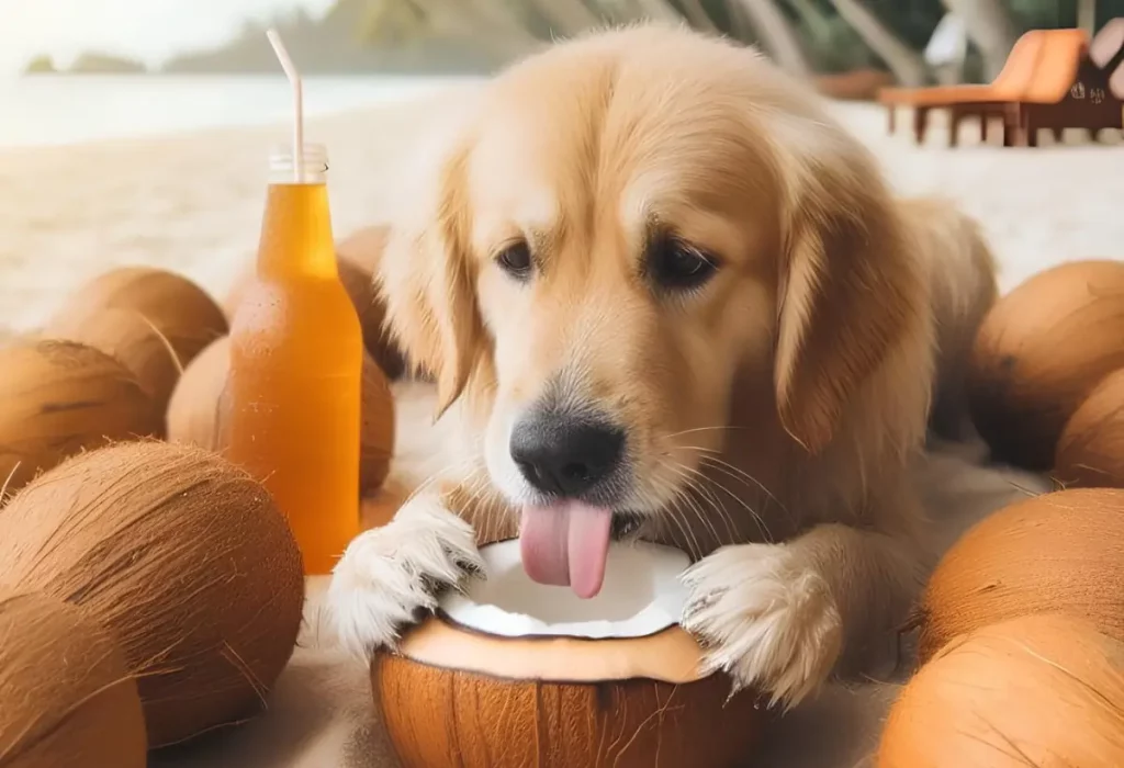 Um cachorro comendo coco.