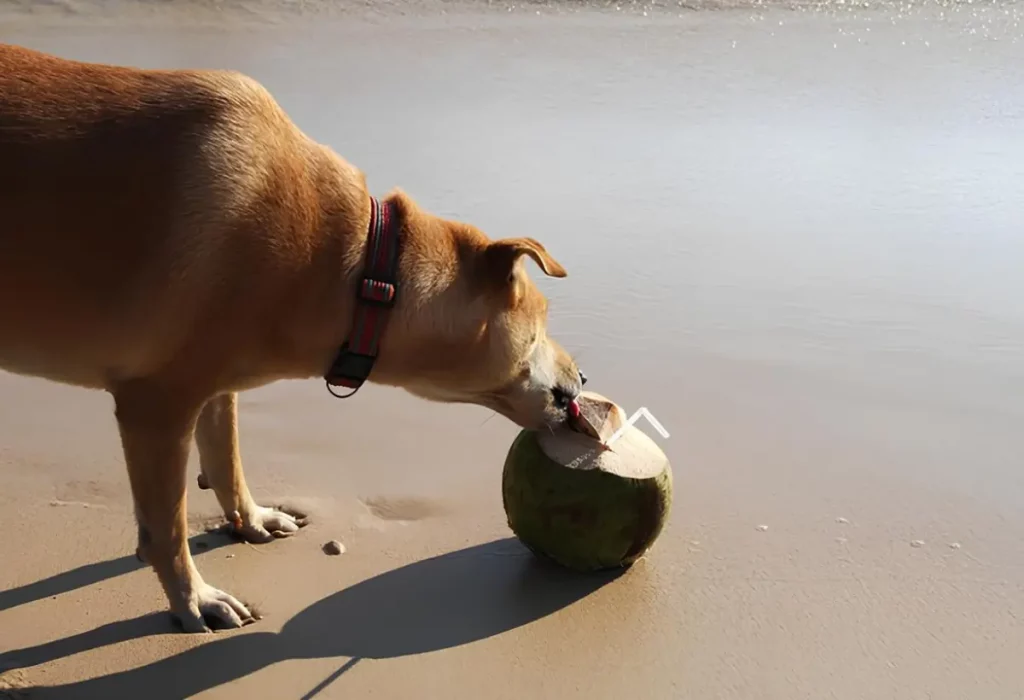 um cachorro na areia de praia lambendo coco.