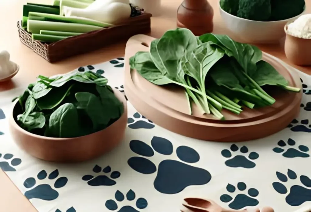 uma mesa com espinafre para cachorro.