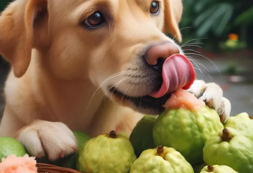 um cachorro lambendo goiabas.