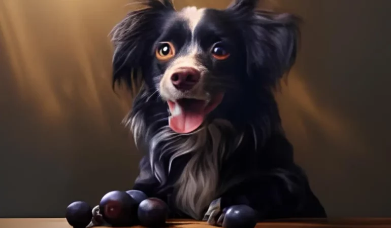 um cachorro e a sua frente várias jabuticabas.