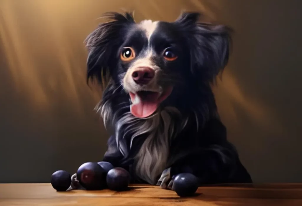 Um cachorro e em sua frente jabuticabas.