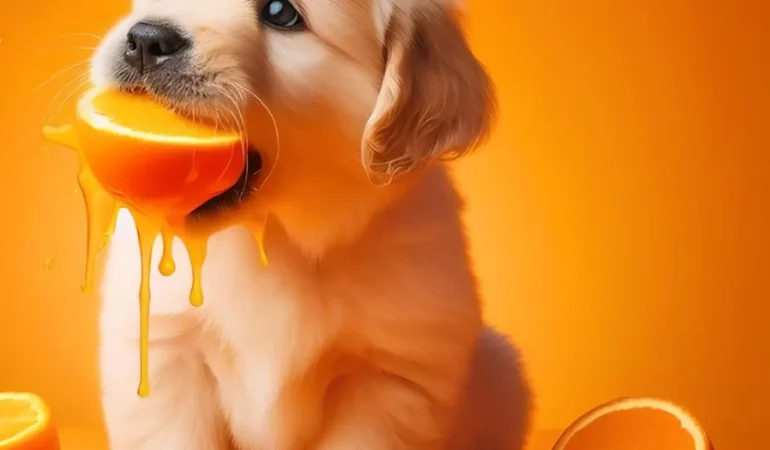 Um cachorro filhote comendo uma laranja.