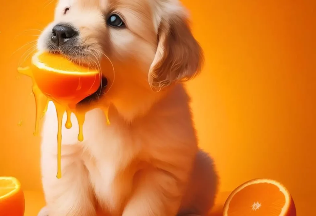 Um cachorro filhote comendo uma laranja.