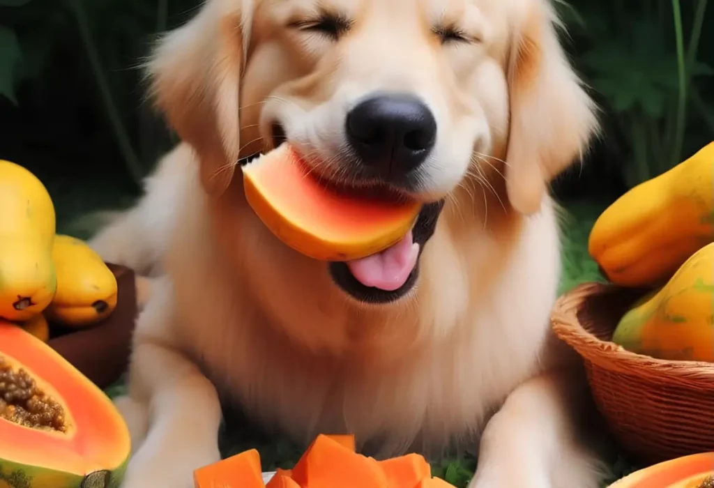 Um cachorro da raça golden comendo um mamão.
