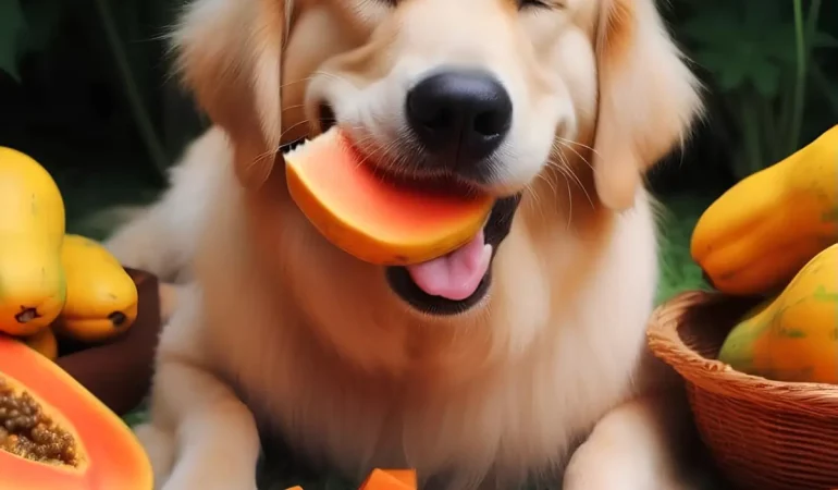 Um cachorro da raça golden comendo mamão.