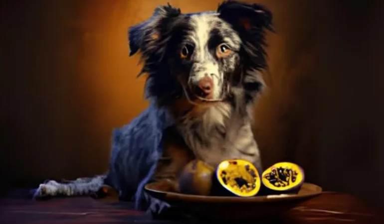 Um cachorro com um maracujá.