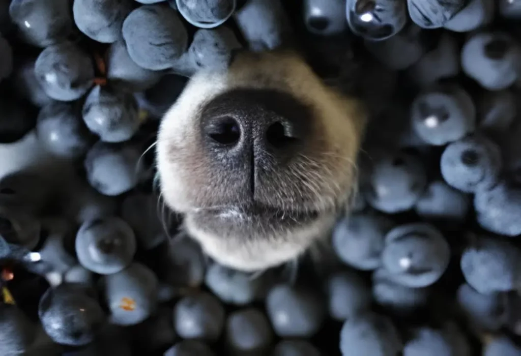 cachorro com focinho em vários mirtilos.