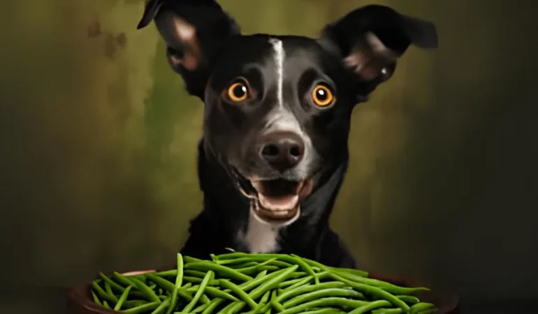 Um cachorro comendo vagem