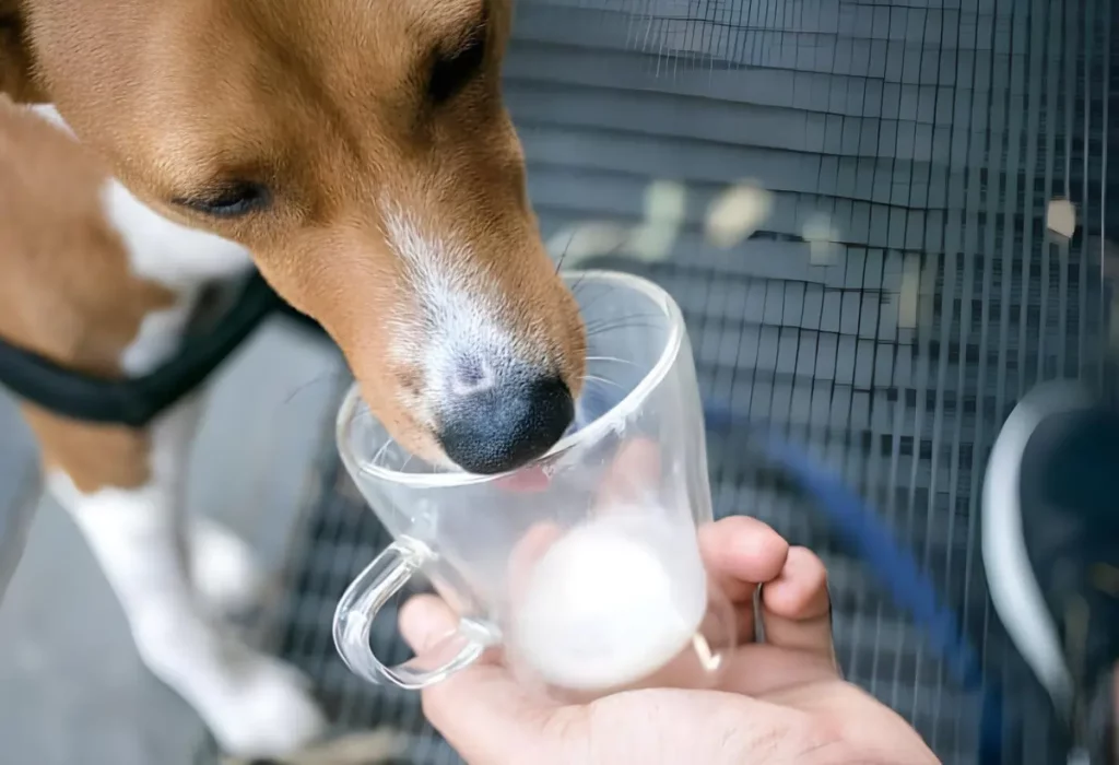 cachorro bebendo caldo de cana.